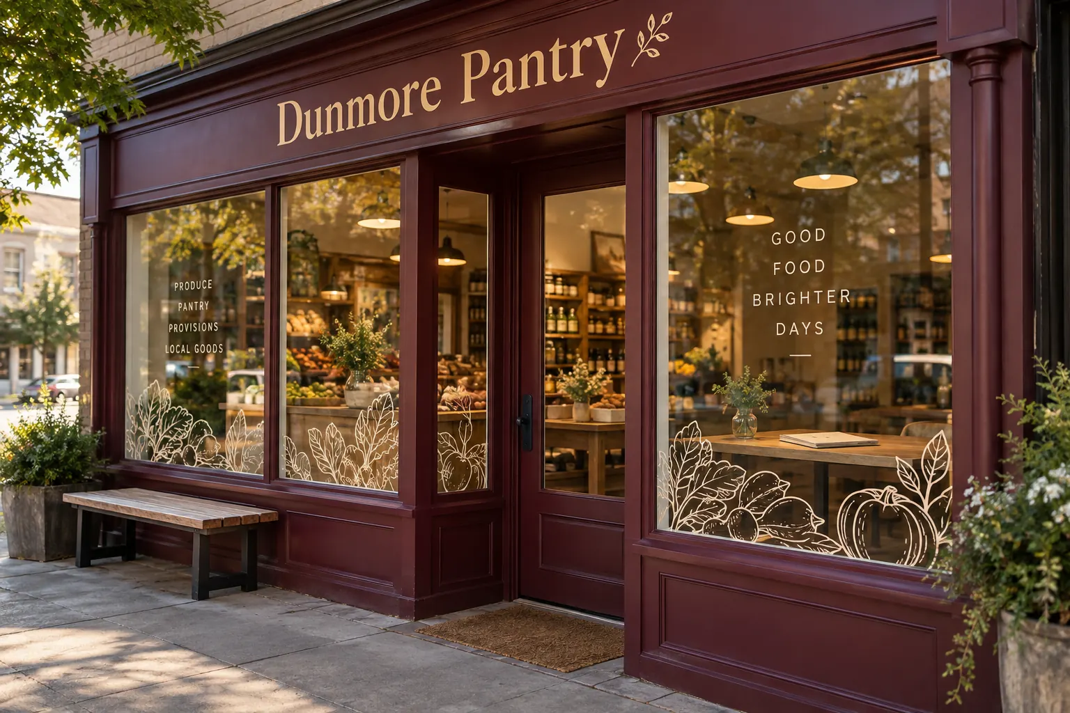 Storefront Graphics Replacement Panel Record — fictional commercial concept Fictional Dunmore Pantry frontage with distinct glazed panes and restrained produce-themed graphics