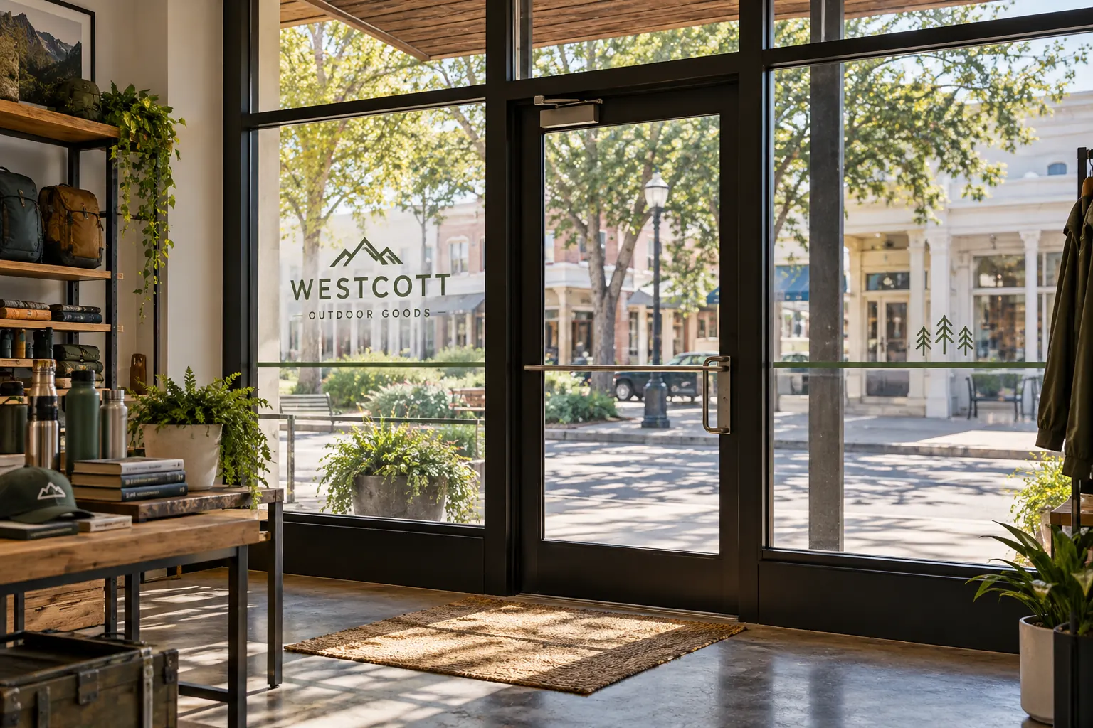 Fictional Westcott Outdoor Goods interior view toward a lightly treated storefront and glass entry