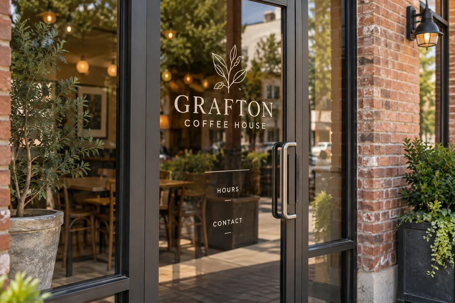 Storefront Hours and Contact Decal Brief — fictional commercial concept Fictional Grafton Coffee House glass door with restrained Hours and Contact placeholder labels