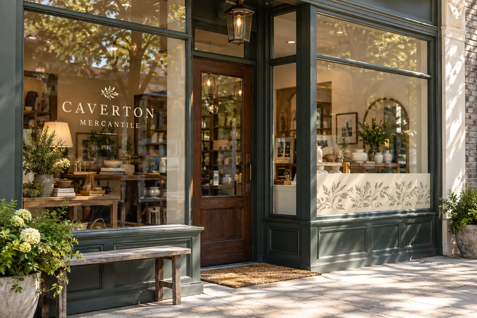 Fictional Caverton Mercantile frontage with a clear identity area and a limited light decorative band