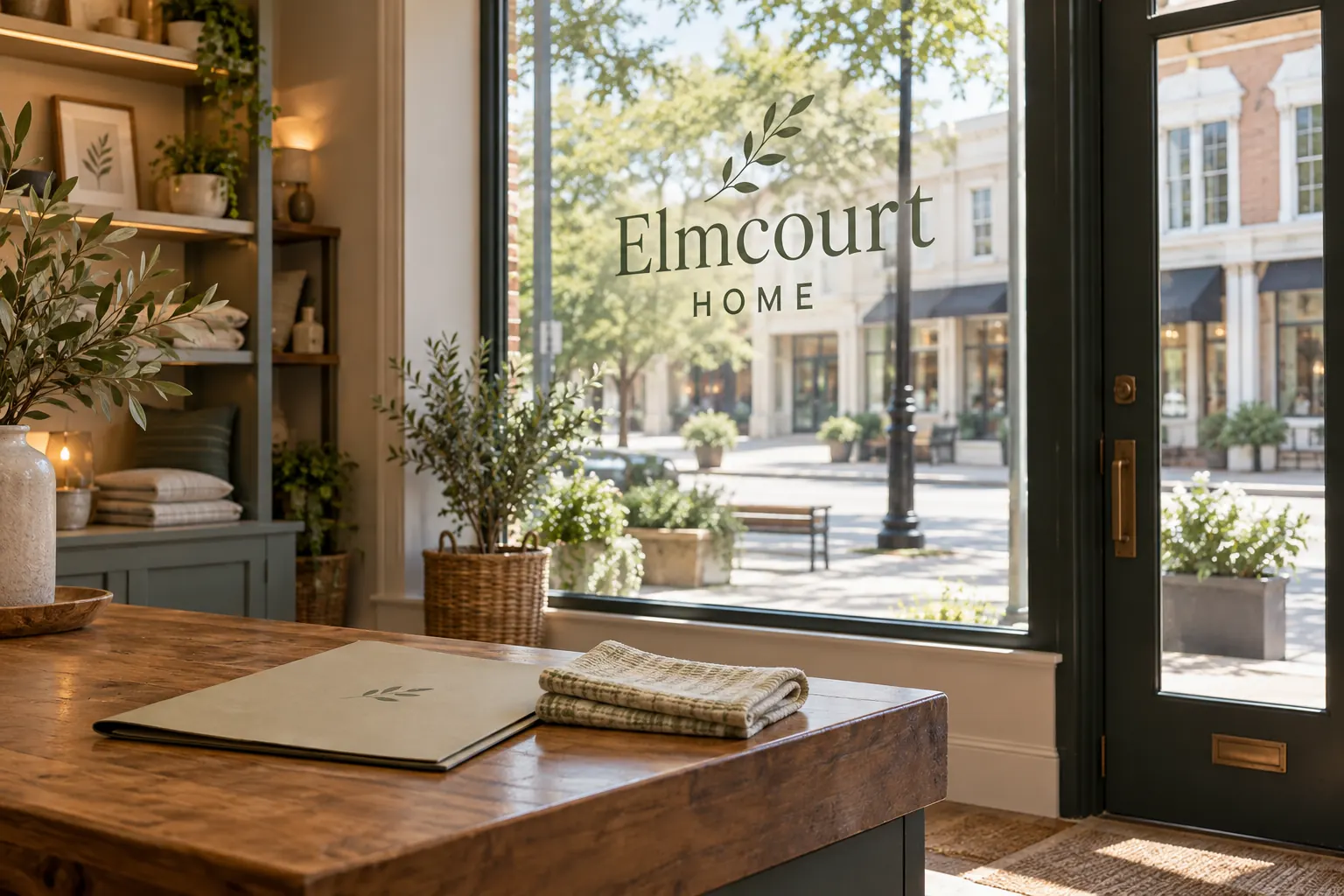 Storefront Window Graphics Cleaning Handoff — fictional commercial concept Fictional Elmcourt Home storefront care-planning scene with a plain folder and folded cloth