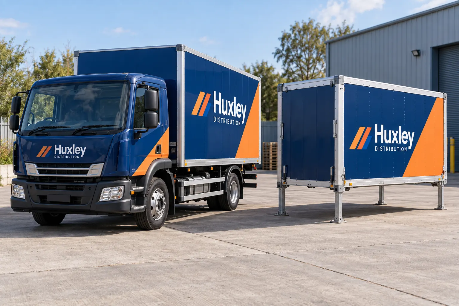 Swap Body Delivery Graphics Planning — fictional commercial concept Fictional Huxley Distribution truck and separate delivery body with coordinated blue and orange identity