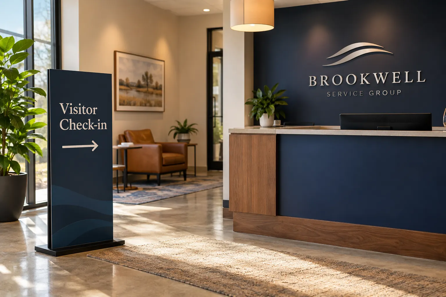 Fictional Brookwell Service Group visitor check-in concept; no actual relocation instruction