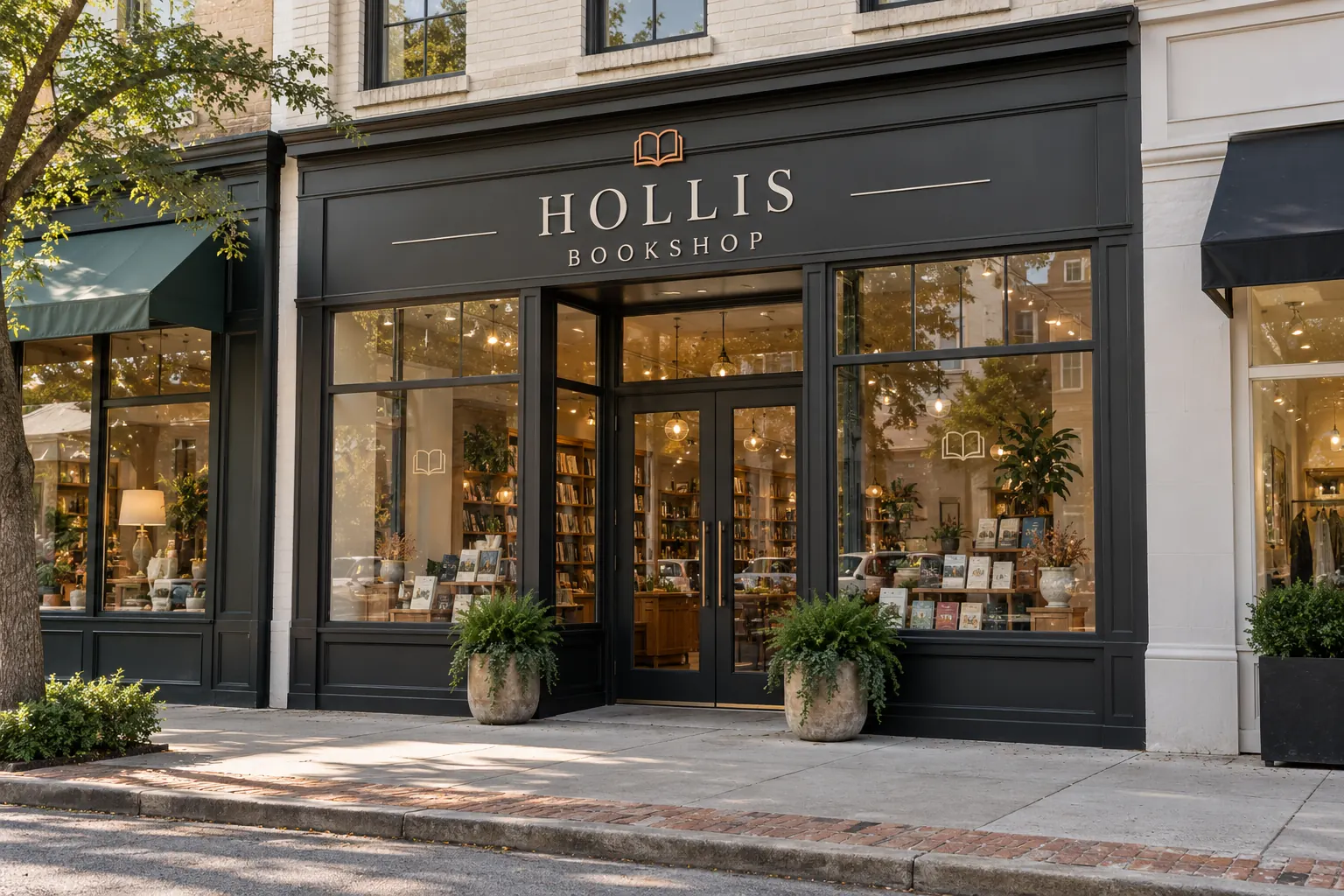 Tenant Window Graphics Landlord Approval — fictional commercial concept Fictional Hollis Bookshop frontage within a larger commercial building; no property approval implied