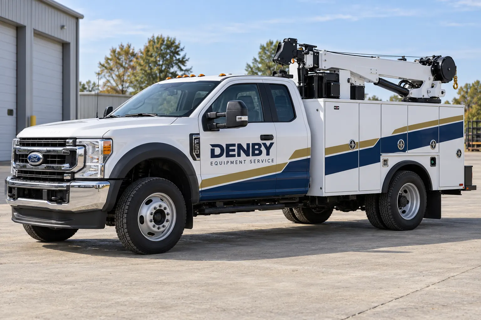 Truck Service Crane Graphics Planning — fictional commercial concept Fictional Denby Equipment Service utility truck with blue and gold graphics and a stowed crane