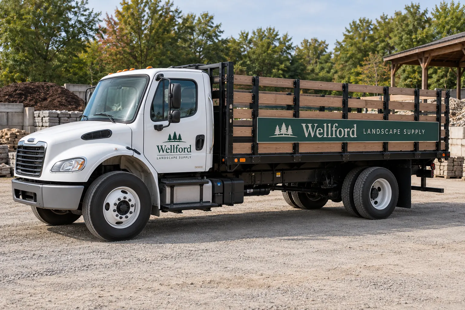 Truck Stake Body Graphics Planning — fictional commercial concept Fictional Wellford Landscape Supply stake-body truck with green cab identity and solid side name board