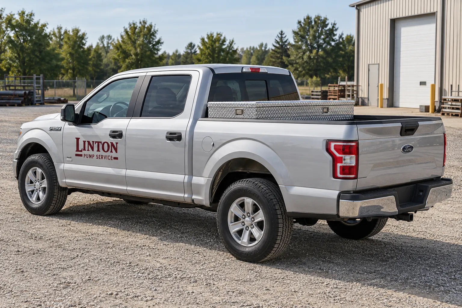 Fictional Linton Pump Service silver pickup with burgundy door identity and cross-bed toolbox