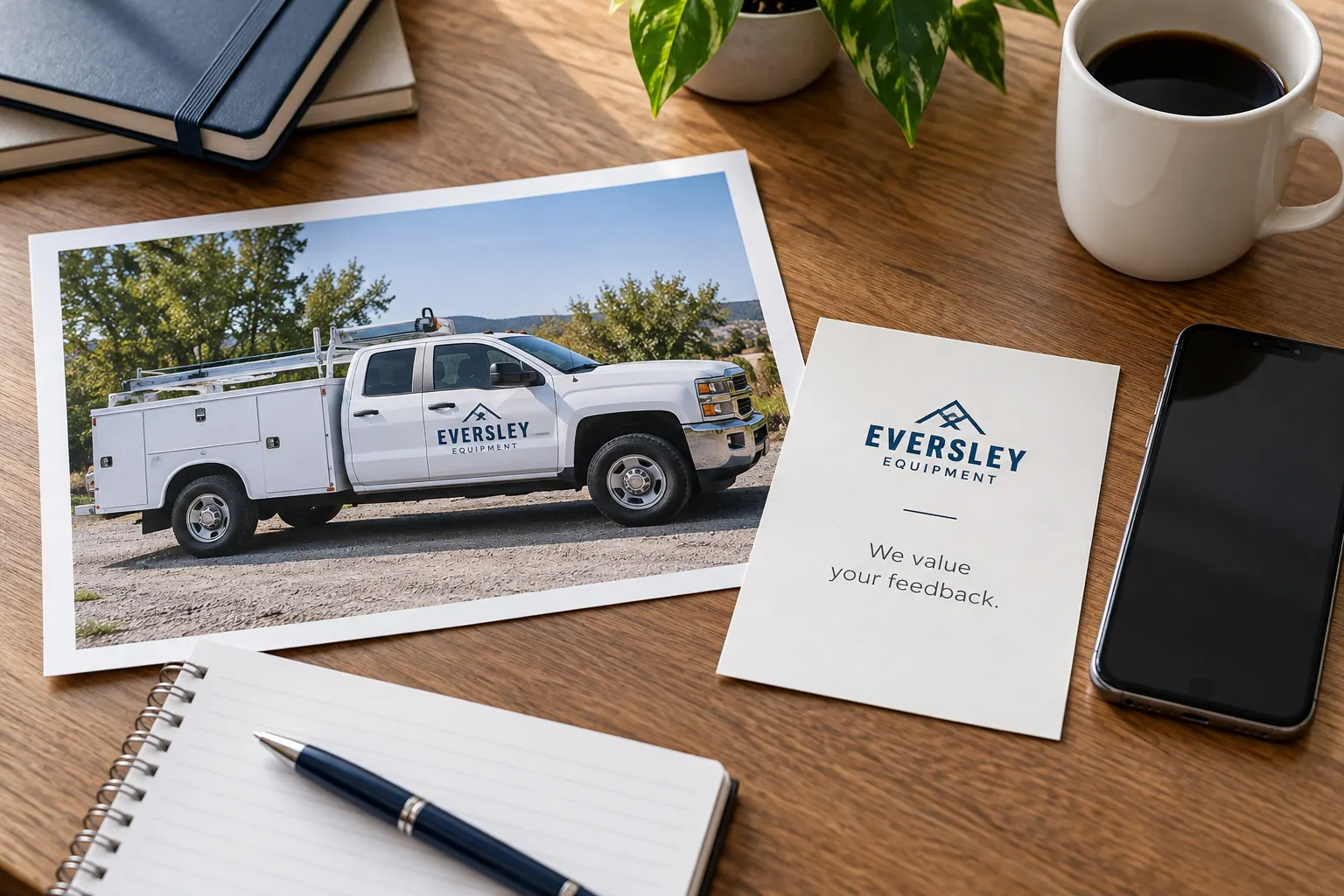 Vehicle Graphics QR Code Proof Test — fictional commercial concept Fictional Eversley Equipment proof-review desk with phone and truck photograph; no working QR code