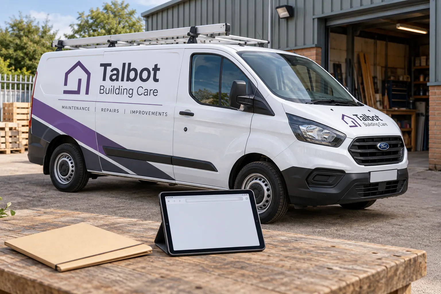Vehicle Graphics Website Address Selection — fictional commercial concept Fictional Talbot Building Care van beside a plain project folder and neutral tablet page