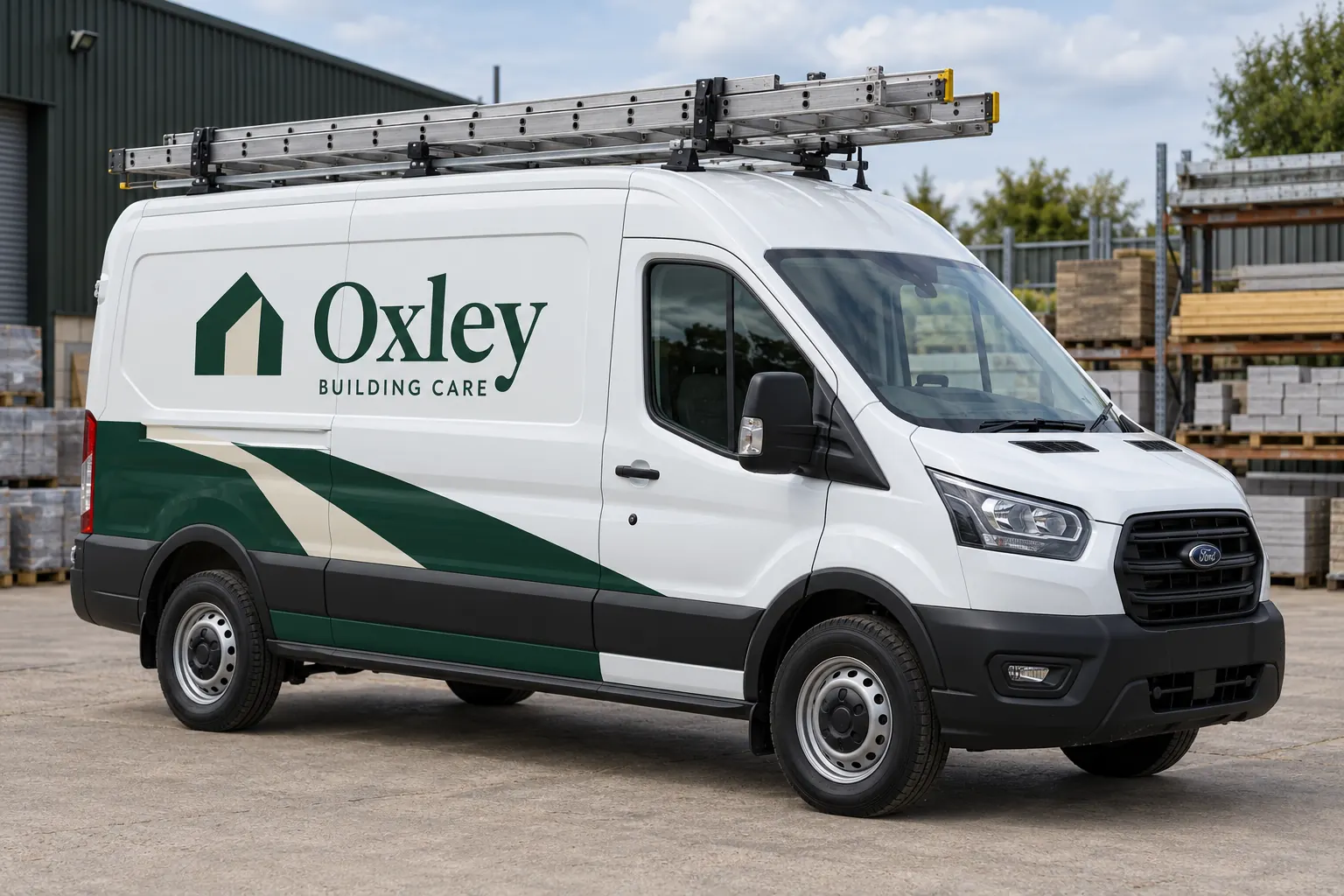 Vehicle Ladder Rack Graphics Visibility Guide — fictional commercial concept Fictional Oxley Building Care white van with green graphics and roof ladder rack