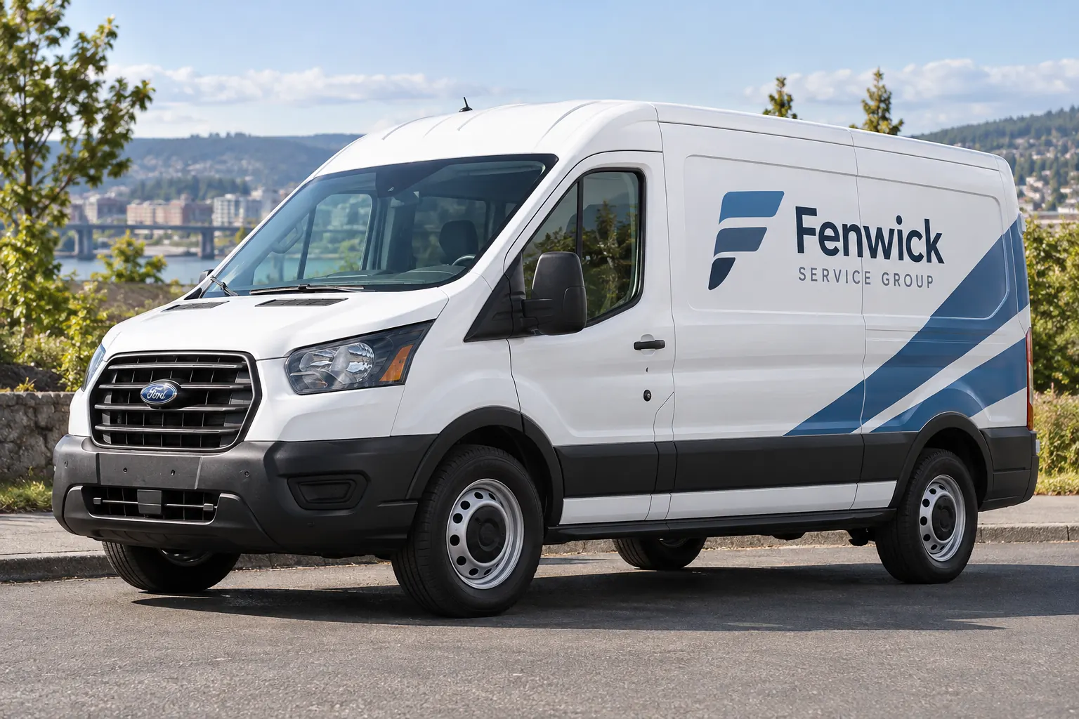 Vehicle Sensor and Camera Graphics Exclusion Map — fictional commercial concept Fictional Fenwick Service Group white van with restrained blue side graphics; no technical sensor map