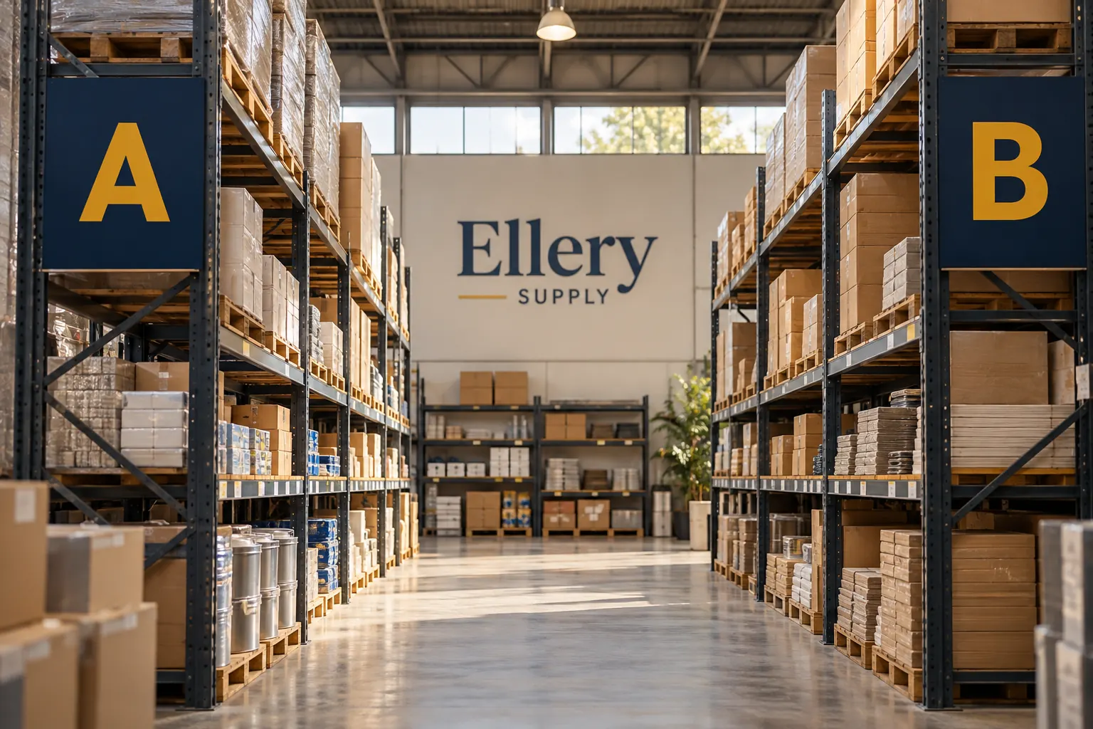 Warehouse Aisle Identification Graphics — fictional commercial concept Fictional Ellery Supply warehouse with simple A and B aisle identification concepts