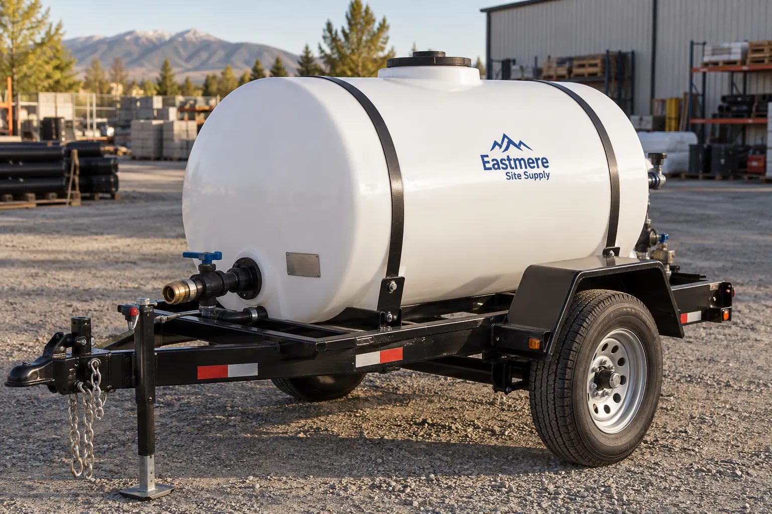 Water Tank Equipment Identification Decals — fictional commercial concept Fictional Eastmere Site Supply tank equipment with a modest exterior company identity concept