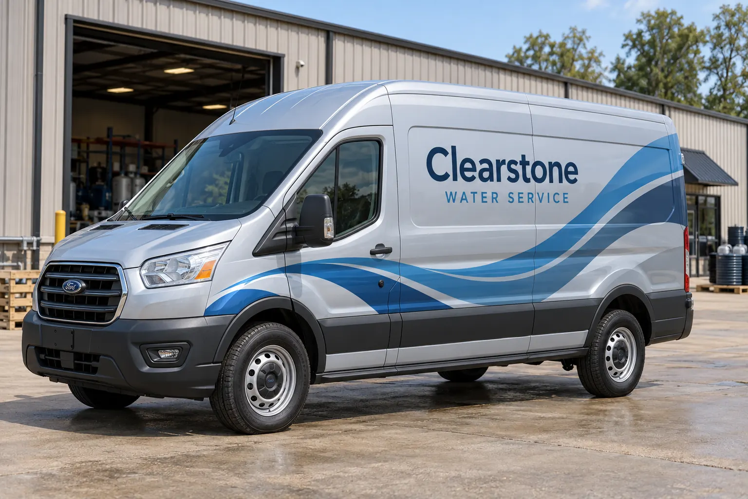 Water Treatment Service Vehicle Graphics — fictional commercial concept Fictional Clearstone Water Service silver van with blue and slate geometric partial graphics
